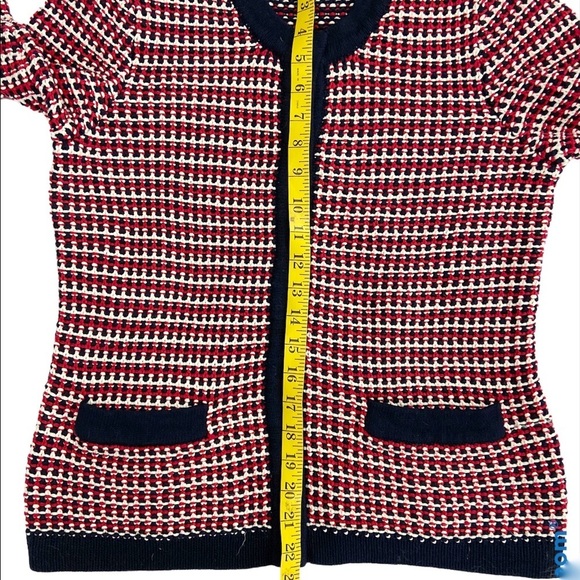 Talbots Blazer Style Cardigan Size M Petite Red, Blue and White Classic Chunky - Picture 8 of 11